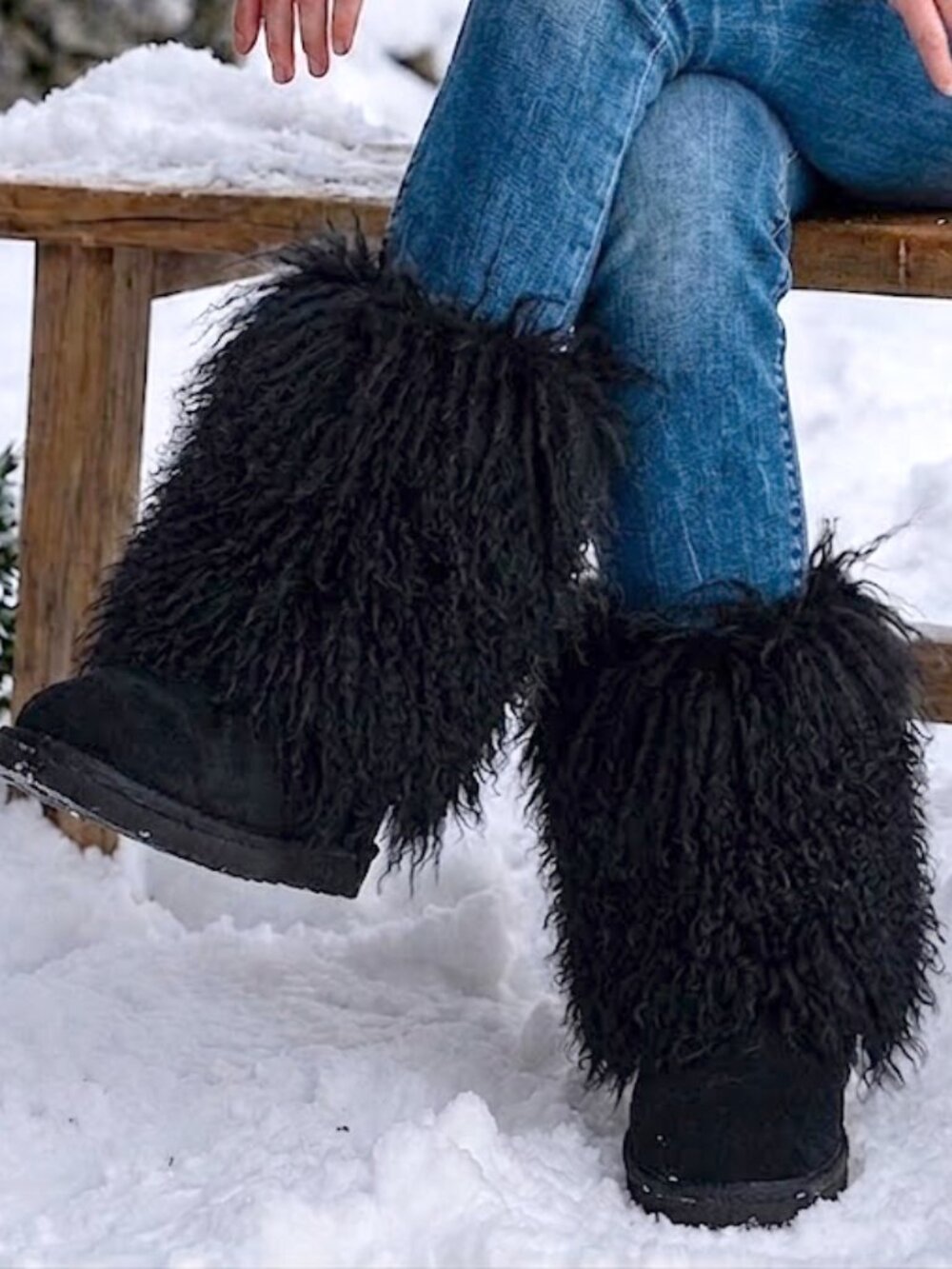 Bearpaw Boetis Black Curly Lamb Fur Sheepskin Lined Sherpa Boho Boots 6 NEW